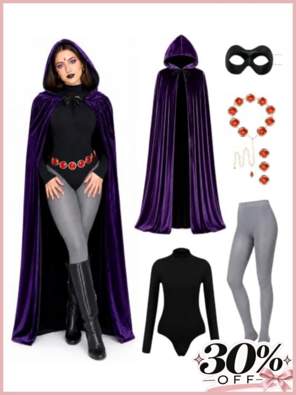 Raven Cosplay Costume Set for Women - 6 Pieces Gothic Halloween Outfit with